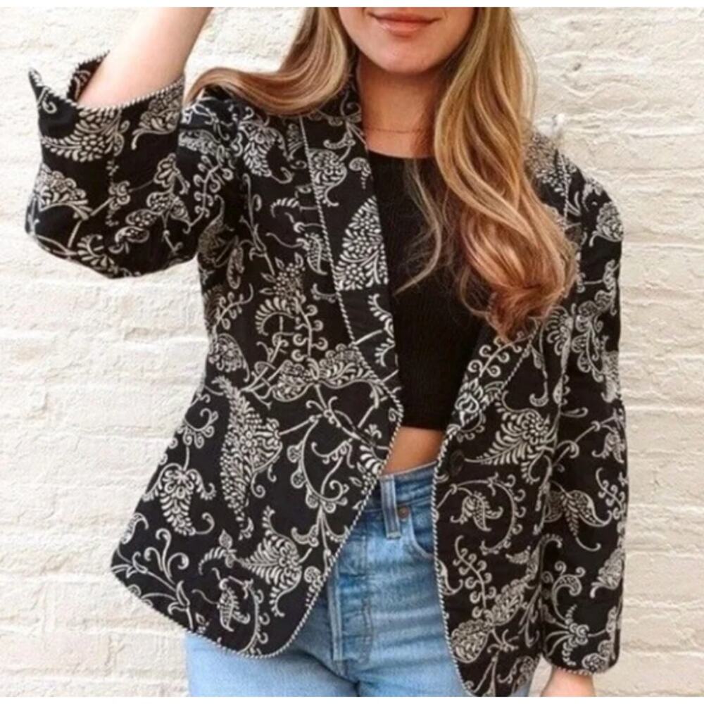 CAbi Black Blazer with White Floral Scroll Print